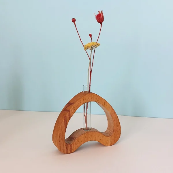 گلدان چوبی فانتزی قلبی شکل مدرن با لوله آزمایش شیشه ایی