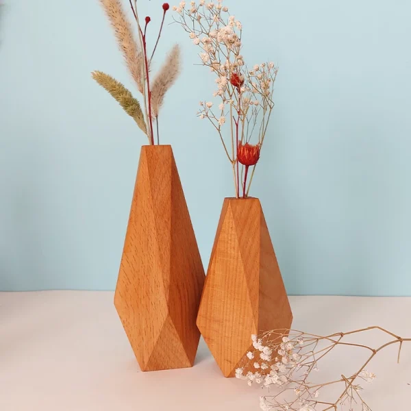 ست دو تکه گلدان چوبی دکوری مدل چندوجهی عسلی رنگ