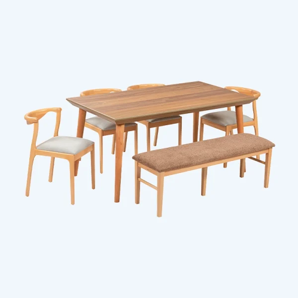 میز غذاخوری چوبی شیک شش نفره همراه با نیمکت و صندلی پشت چوبی