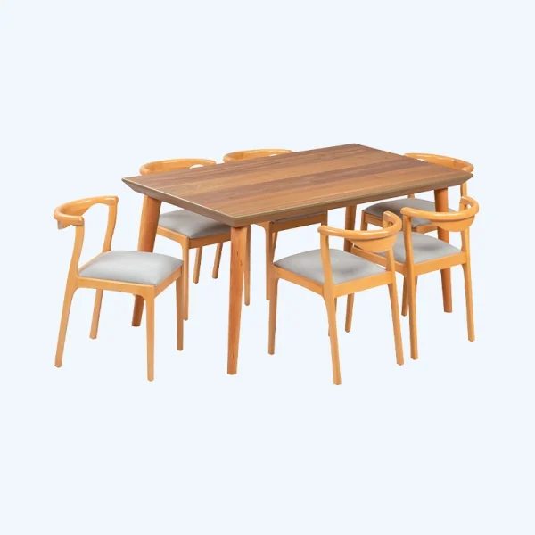 ست صندلی و میز غذاخوری چوبی شش نفره مدرن عسلی رنگ