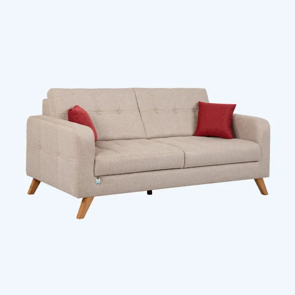 کاناپه راحتی مینیمال کرم رنگ با کوسن زرشکی و پایه کج چوبی