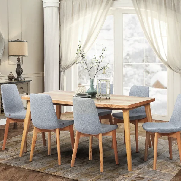 میز و صندلی غذاخوری ساده شش نفره چوب راش با رنگ چوب روشن