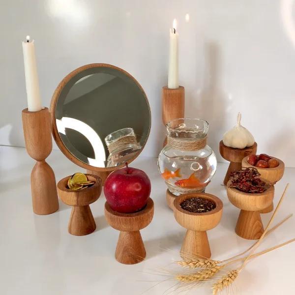 هفت سین مینیمال چوبی 9 تکه همراه با ظروف پایه ار و آینه و شمعدان
