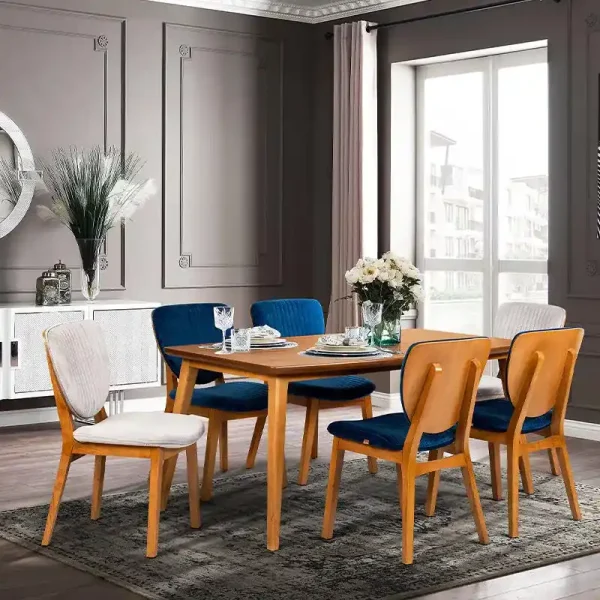 صندلی و میز غذاخوری شش نفره آبی کرم چوبی